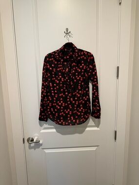 J. Crew Black Blouse with Red Cherry Print